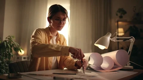 Over Top View of A Young Beautiful Woman Architect is Working on a Model of a Stock Footage 270538455