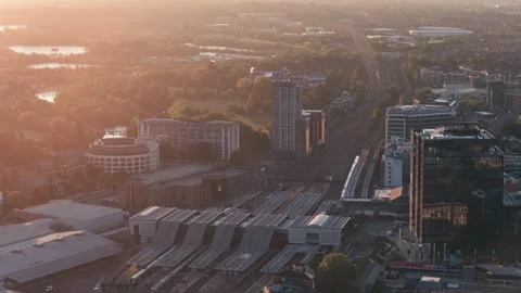 Over Train Station Sunrising Reading UK Stock-Footage 336336105