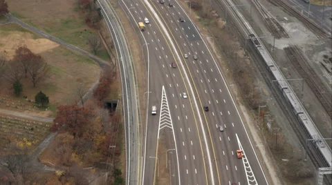 Over turnpike and train on tracks north of Providence, Rhode Island. Shot in Stock Footage 59163010