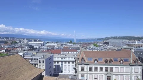 Over view of Geneva Old town Switerzland and lake and fountain Stock Footage 78790431