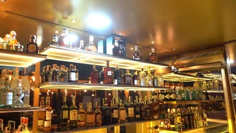 Overall of drinks on the shelf in bar Stock Footage 129928273