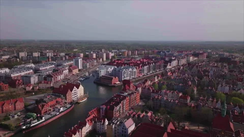 Overall drone view of buildings along Motlawa River, Gdansk Видео 339171508