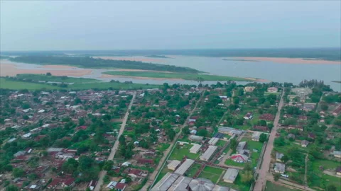 Overall drone view with river background in Impfondo, Congo Stock Footage 331999697