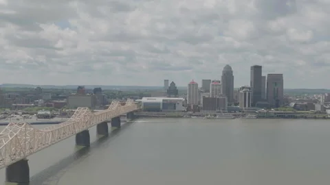 Overall drone view of Truss Bridge left, Ohio River foreground, Louisville Stock Footage 333176983