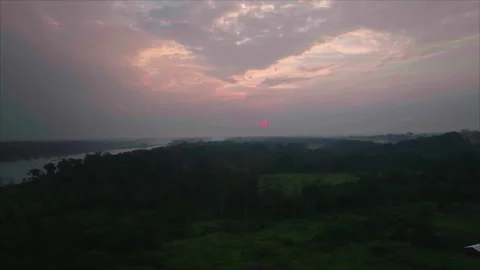 Overall forest view with orange sunset and river on left, Congo Vídeos de archivo 331999475