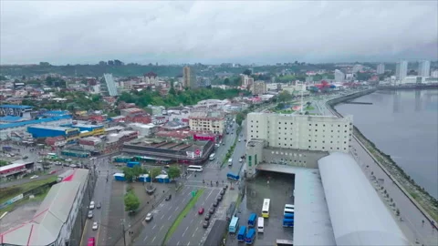 Overall forward tracking drone above streets, puerto Montt 스톡 동영상 340991366