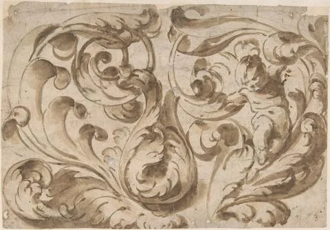 Overall Pattern with Acanthus Scrolls and a Chubby Putto 17th century Anony.. Stock Photos