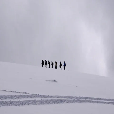 Overall plan. Hikers go up the mountain. Motivation. Stock Footage 69338232