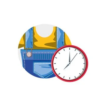 Overall uniform construction in frame circular with clock time Stock Illustration