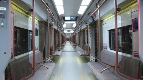 Overall view of empty train wagon interior. inside the metro car. red stickers Stock Footage 202049221