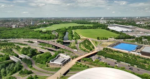 Overall view of Queen Elizbeth Olympic park with traffic road and ground Stock Footage 201468216