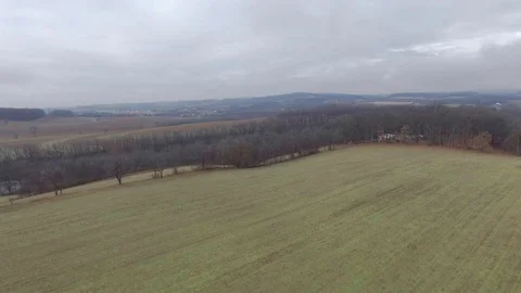 Overcast aerial fields with tree line Stock Footage 71760714