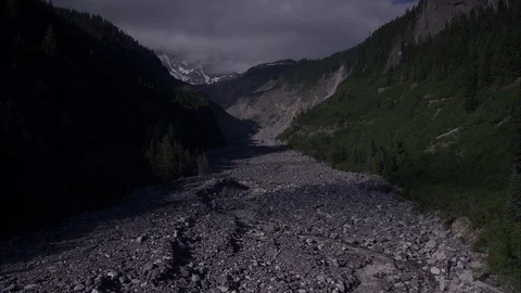 Overcast Canyon and Riverbed on Mount Rainier Stock Footage 86755317