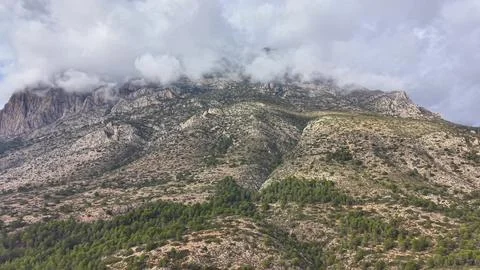 Overcast hills with sparse vegetation. Cloudcovered terrain with muted tone.. Stock Photos