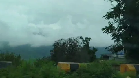 Overcast mountain view with trees and road safety barrier Stock Footage 318132061