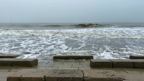 Overcast sky and violent sea waves crashing before hurricane storm Stock Footage 341705419