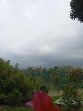 Overcast Sky with Dense Clouds Over Green Landscape and Trees Stock Photos