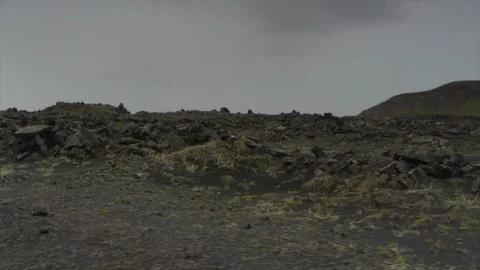 Overcast tracking shot moving through Iceland field of volcanic rock. Video stock 86754735