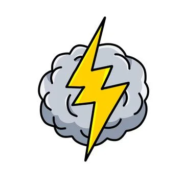 Overcast weather. Gray cloud with lightning. Cartoon thundercloud. Illustrazione stock
