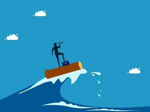 Overcome crises with effort and vision. man surfing sea waves with stick Stock Illustration