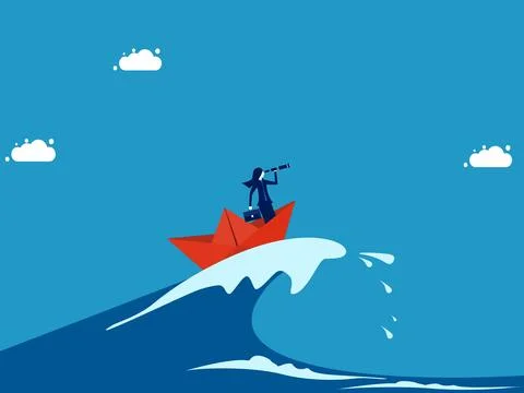 Overcome crises with patience and vision. Businesswoman surfing sea waves wit Stock Illustration