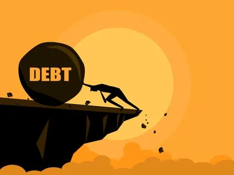 Overcome debt. Try pushing debt up the mountain. business concept Stock Illustration