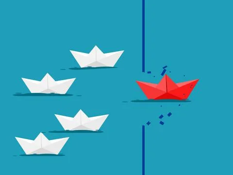 Overcome difficulties. Paper boat breaks barriers. business concept. vector Illustrazione stock