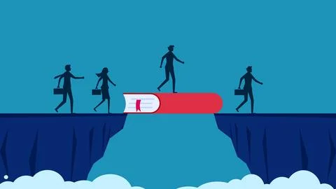 Overcome obstacles with the knowledge of team. team of businessmen across the 스톡 일러스트
