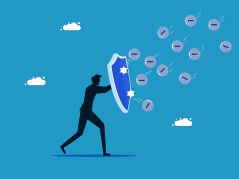 Overcome or prevent negative thoughts. man holding a shield to protect the ne Illustrazione stock