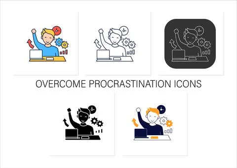 Overcome procrastination icons set Stock Illustration