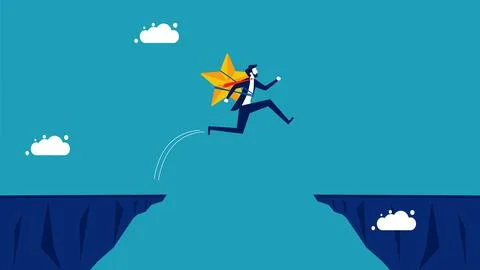 Overcome risks and obstacles. businessman with a star jumps across the gap. v Illustrazione stock