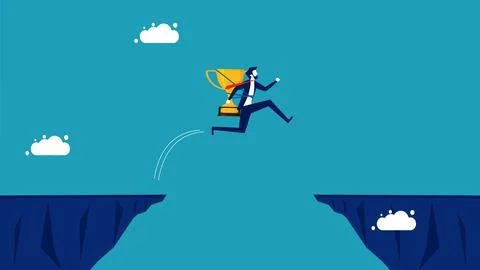 Overcome risks and obstacles. A businessman with a trophy jumps over the gap. Stock Illustration
