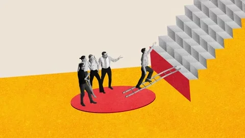 Overcoming difficult path, difficulties and fears. Man walking upwards stairs Stock Footage 251706293