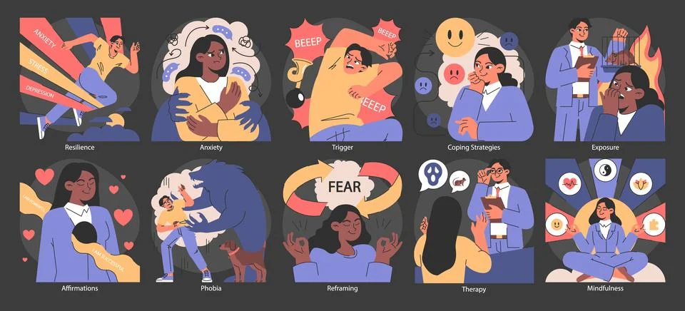 Overcoming fears set. Flat vector illustration. イラスト素材
