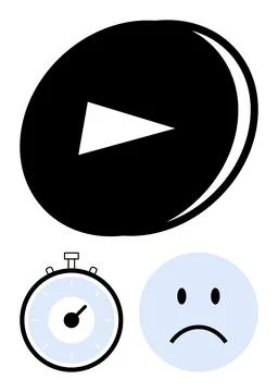 Overcoming Procrastination Play Button, Stopwatch, and Sad Face Symbolizing.. Stock Illustration