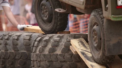Overcoming roadblocks during car trial 4x4 Stock Footage 64570309