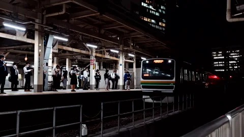 Overcrowded Ueno-Tokyo Line train arriving at platform at Tokyo station  Stock-Footage 219334084