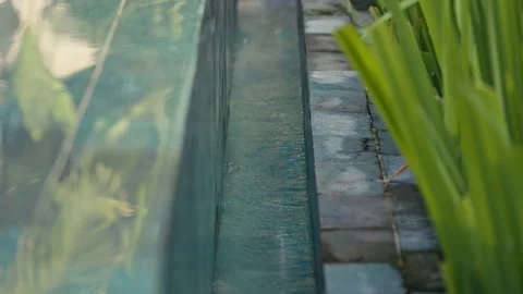 Overflow of tropical infinity pool with water moving through gutter lined by Stock Footage 329009171