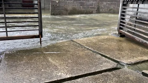 Overflow water from river, next to the building or house Stock Footage 294850397