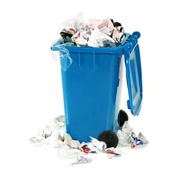 Overflowing blue garbage bin Stock Photos