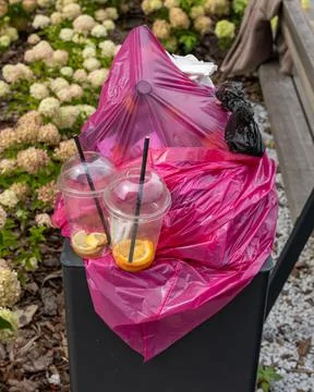 Overflowing garbage bin with plastic cups and trash on street Photos