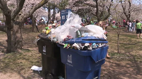 Overflowing garbage trash and recycling bins in city park Stock Footage 49906481