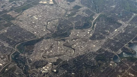 Overflying City of Calgary, Alberta, Canada with suburbs, Bow River, Elbow River Stock Footage 342722931