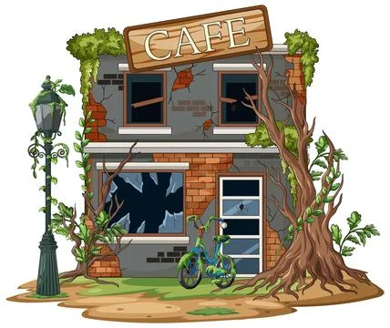 Overgrown Abandoned Cafe with Broken Windows and Bicycle Ilustración de archivo