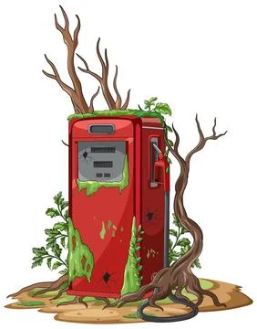Overgrown Abandoned Gas Pump in Post-Apocalyptic Setting Stock-Illustration