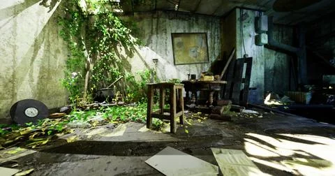 Overgrown interior of abandoned building showcasing natures reclaiming power Ilustração Stock