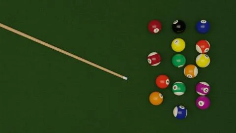 Overhead 3D render of a billiards  table with balls and cue sticks Stock Photos