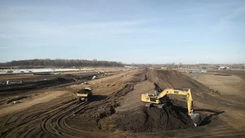 Overhead of Active Construction Site With Heavy Machinery Stock Footage 145377867