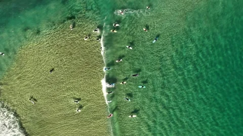 Overhead Aerial Of The Bondi Surf Lineup, NSW Australia Видео 347154553
