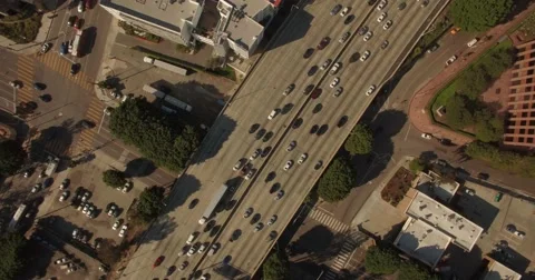 Overhead Aerial Drone footage looking down on downtown Los Angeles traffic Stock Footage